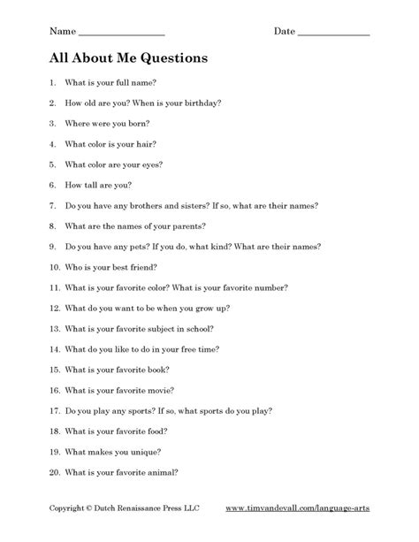 All About Me Questions Printable